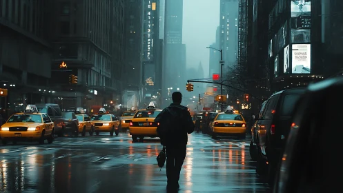 Lone pedestrian among taxis on rainy city evening street.