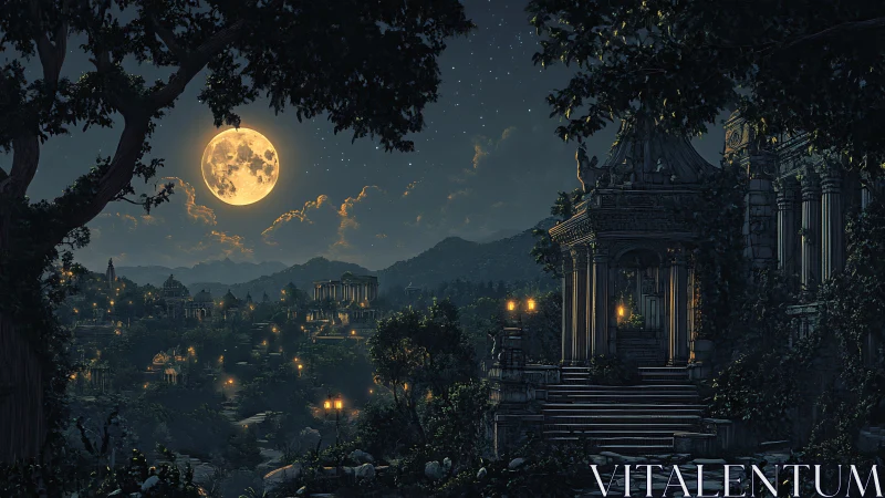 Lunar-illuminated neoclassical valley city with tiered temples.
