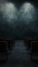 Empty theater hall under twin spotlights, moody scene.