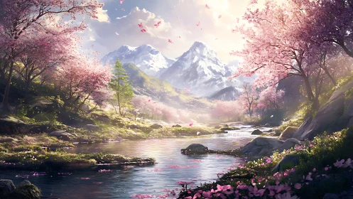 Snowcapped mountains rise above tranquil cherry blossom river