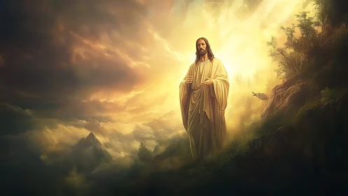 Radiant robed figure in luminous mountain sunrise clouds.