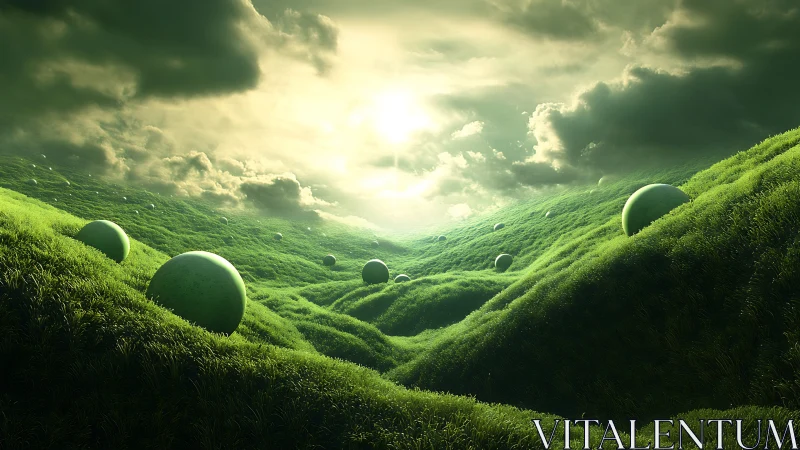 Spherical forms drifting across luminous emerald valleys.