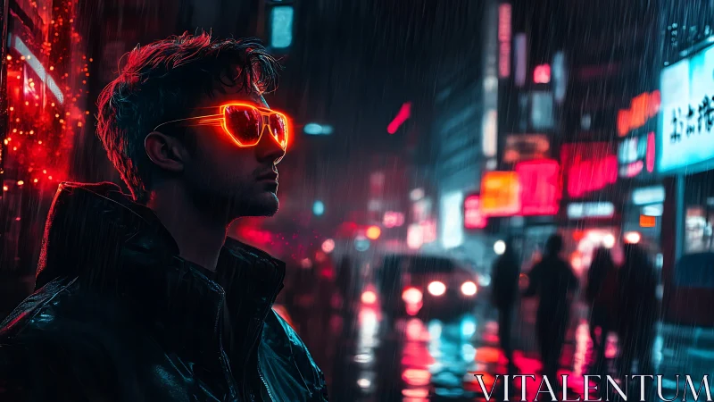 Neon city dreamer pausing in the rain soaked nightlife glow.