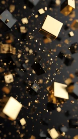 Golden volumetric cubes suspended in cinematic depth field.