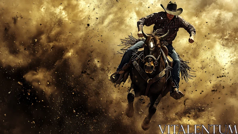 Dusty rodeo rider charges forward in a dramatic wild gallop