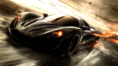 Midnight supercar streaking through firelit city rain.