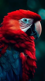 Scarlet macaw close-up portrait with vivid red feathers.