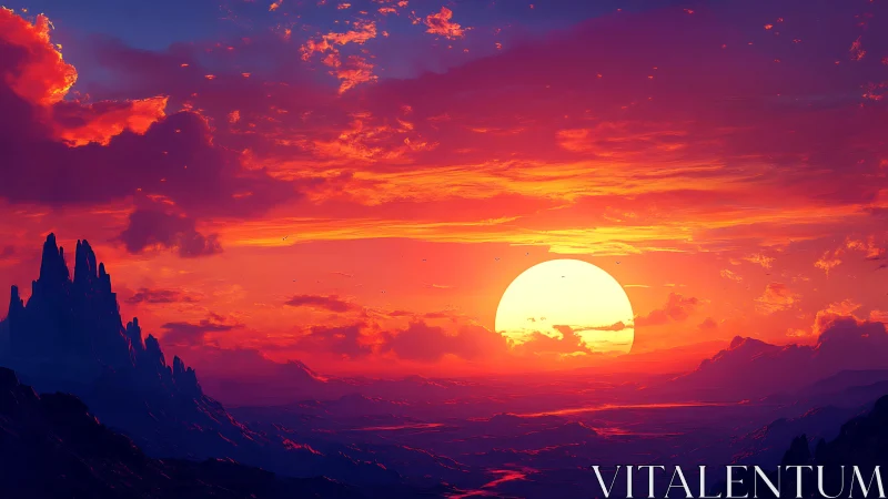 Radiant alien sunset over glowing valleys and spires.