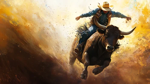 Rodeo rider maintains balance on charging bull in arena