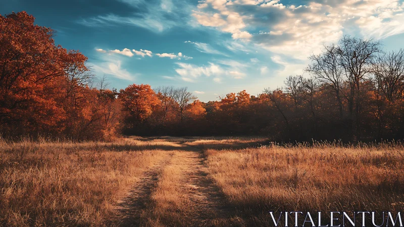Dusty autumn trail wanders toward a sky painted in copper