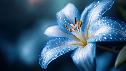 Blue and White Lily with Water Droplets