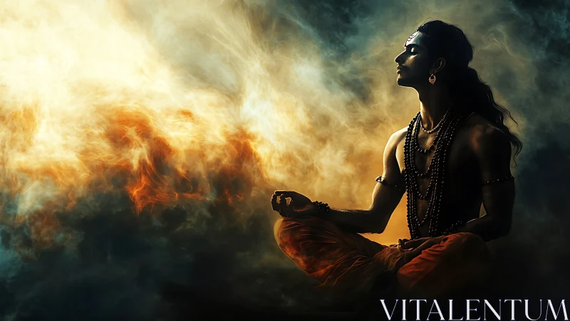 Mystic yogi meditates in swirling golden and smoky light