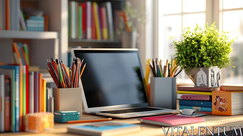 Creative home office desk with laptop and colorful supplies.