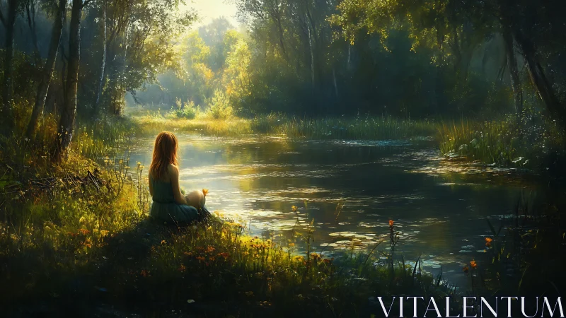 Solitary woman sitting by a sunlit woodland river bank.