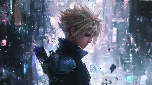 Melancholic cyber warrior stands amid shattered neon cityscape.