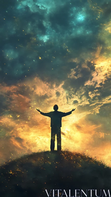 Skylit dreamer welcoming a storm of golden stardust.