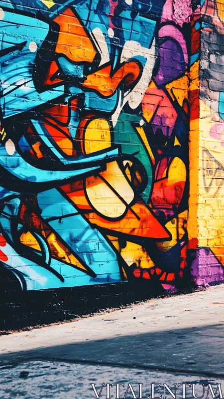 Vivid geometric graffiti covers brick wall along urban sidewalk