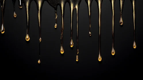 Golden liquid drips on black background, modern abstract art.