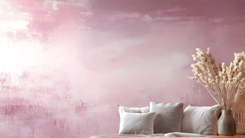 Soft blush bedroom vignette with textured ombre wall.