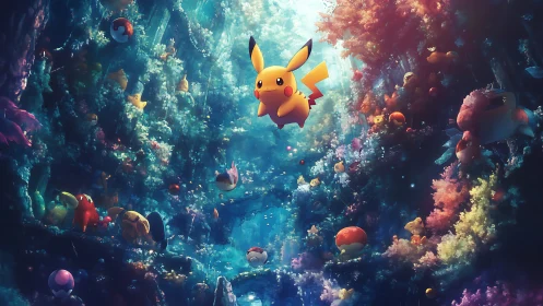 Pikachu floating in a glowing underwater style forest world.