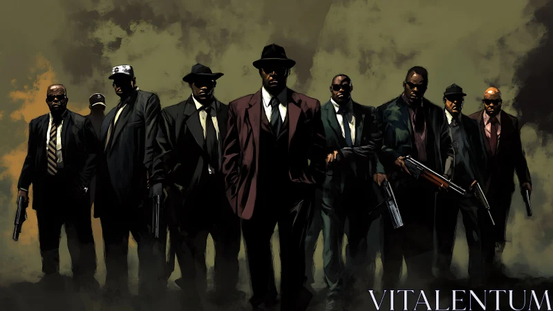 Armed men in suits advance in formation through smoky haze