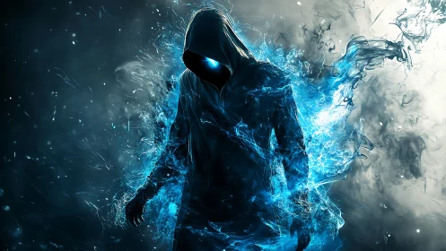 Hooded spectral figure engulfed in electric blue energy surge.