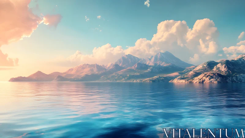 Sunlit coastal mountains under pastel sky over calm sea.