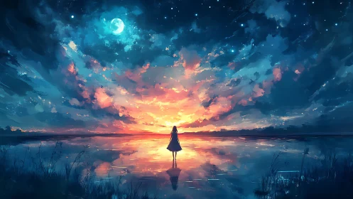 Silhouette stands on reflective water under vivid twilight sky