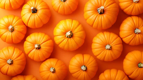 Symmetrical mini pumpkins in saturated orange overhead composition.