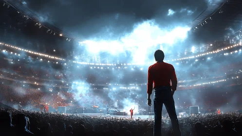 Spectator in Red Jacket Viewing Massive Concert Arena with Crowd