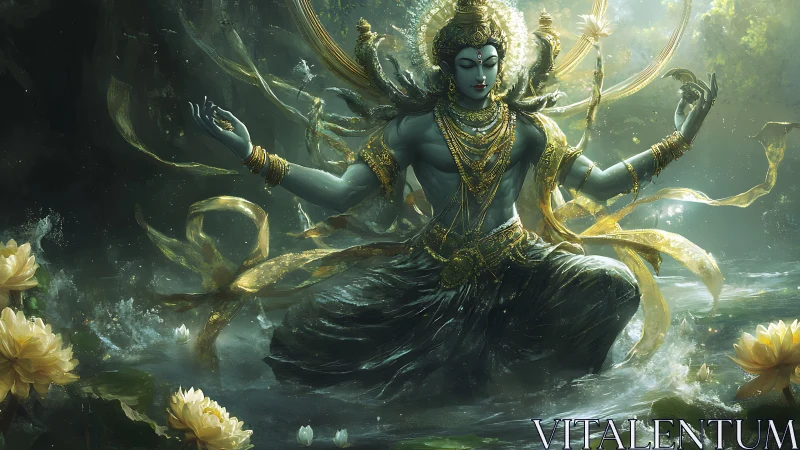 Mythic blue deity meditating in radiant lotus-filled river