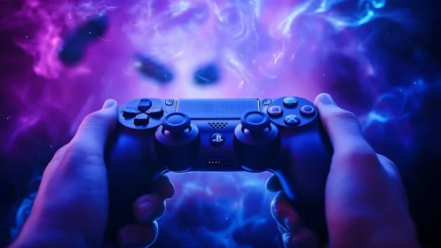 Game controller glows against ethereal neon nebula backdrop