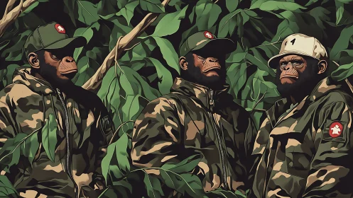 Stylized camouflaged apes in paramilitary jungle composition.