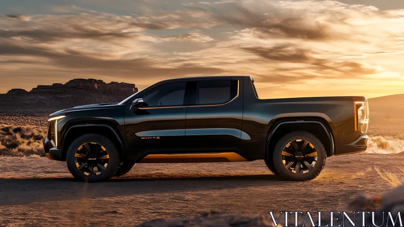 Sleek electric pickup truck gleams in desert sunset light.