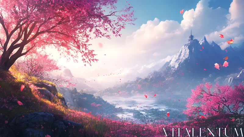 Spectral cherry valley with pagoda ridge under volumetric light.