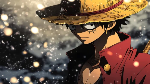 Straw hat pirate captain in snowfall with dramatic rim lighting