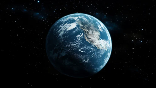 Planet Earth over star field in deep black outer space.