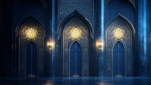 Ornate blue arches with gold lanterns in symmetrical hall.