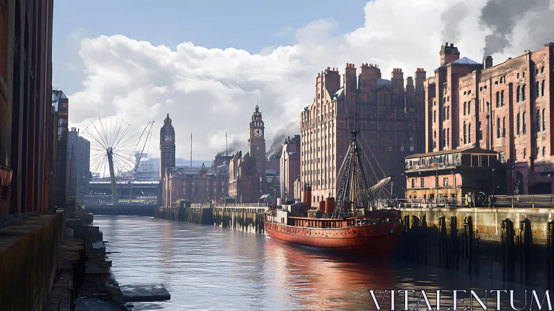 Industrial canal cityscape with red ship and brick warehouses.