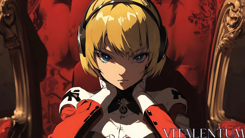 Cybernetic blonde operator in red throne-lit command pose.