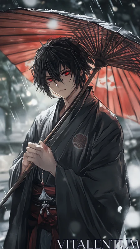 Red-eyed kimono youth under wagasa in rain with soft rim lighting