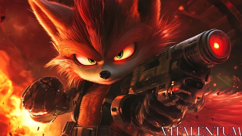 Armed fox space warrior aims glowing blaster in firestorm