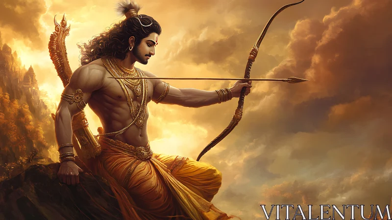 Divine archer in golden dusk sky with dynamic bow posture.