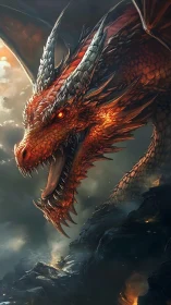 Red-scaled dragon head over rocky, smoke-filled landscape.