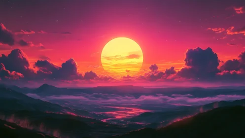 Neon sun over misty mountains at hyperreal twilight.