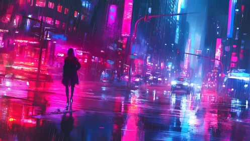 Lone figure in neon city street during heavy rainfall.