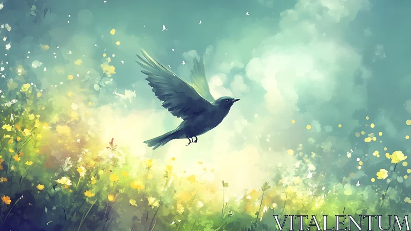 Songbird glides above luminous wildflower meadow at dawn.