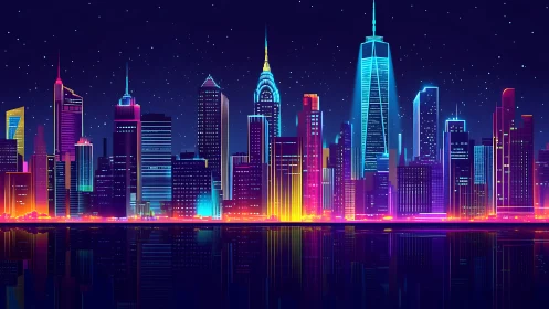 Neon futuristic city skyline glowing at night over water.