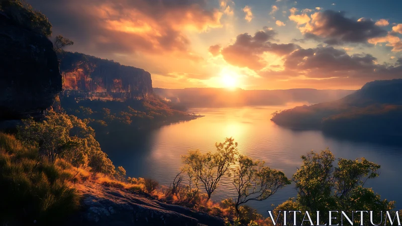 High-dynamic-range sunset landscape with reflective river basin