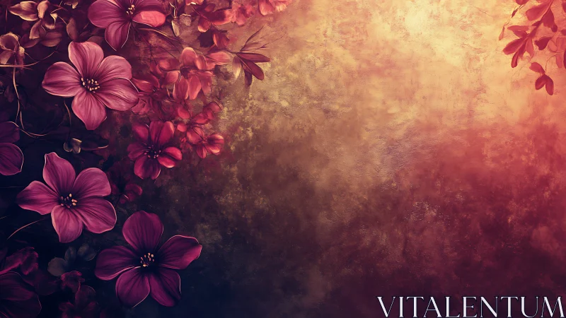 Red cosmos flowers fade into warm golden haze background